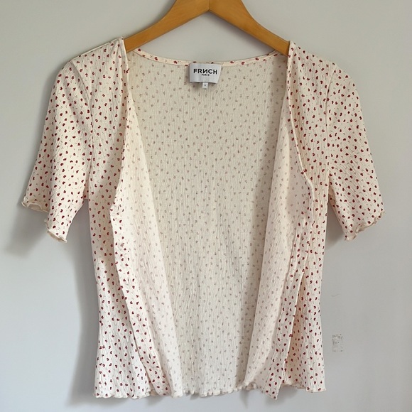 FRNCH Ornella Floral Ruffle Frill Trim Cream V Neck T Shirt S - Picture 10 of 15